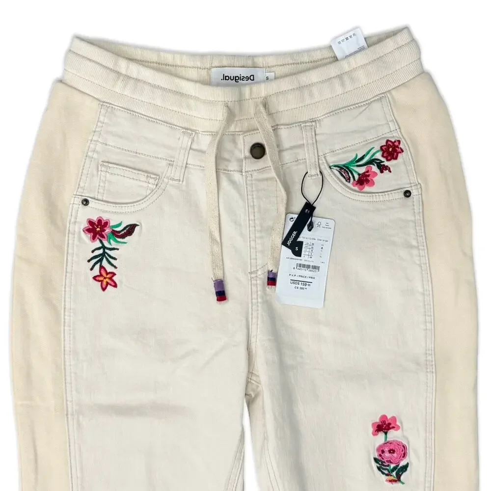 Desigual Cream Ecru Floral Embroidered Jogger Lita Raw Hem Jeans size S NEW Tags - Picture 12 of 12